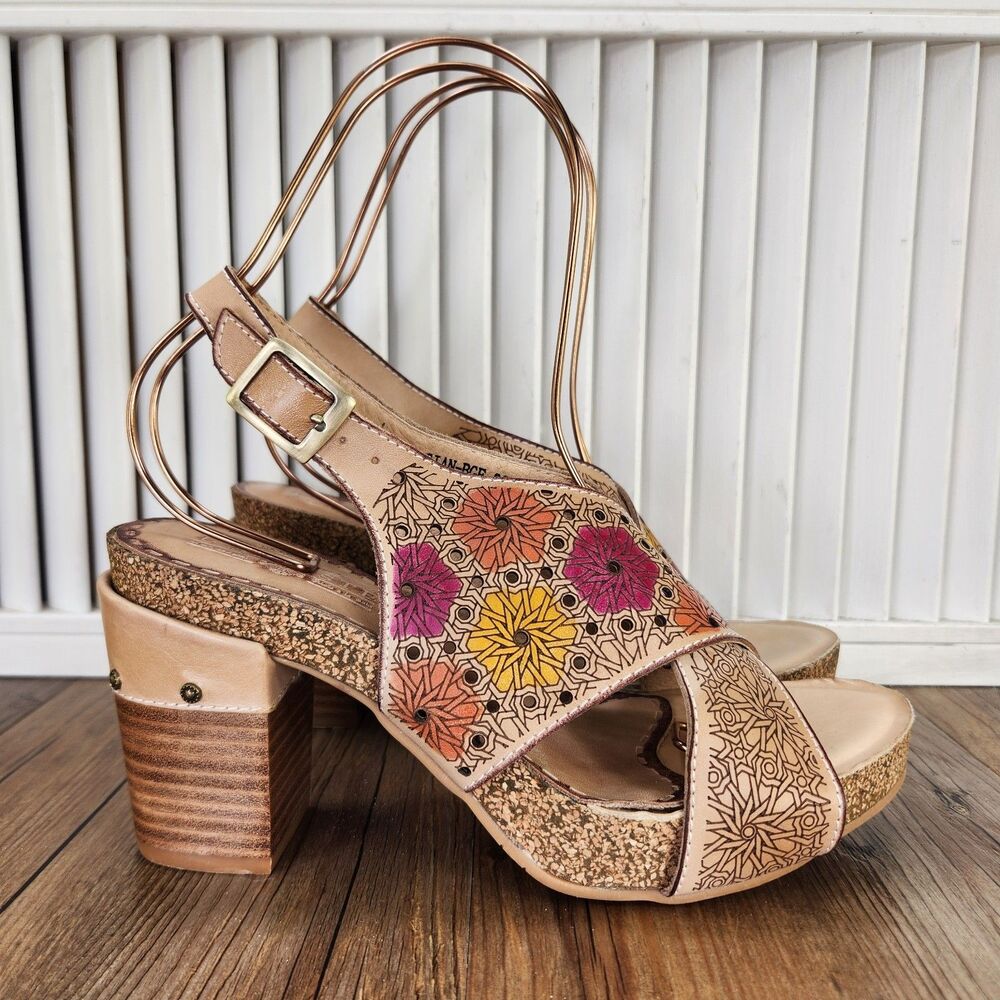 L'Artiste by Spring Step Gian Pinwheel Sandals Women's 8 Beige Boho Heels Shoes